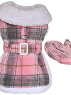 Sherpa Lined Dog Harness Coat Pink and White Plaid