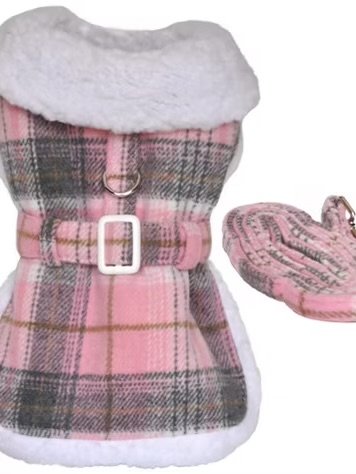 Sherpa Lined Dog Harness Coat Pink and White Plaid
