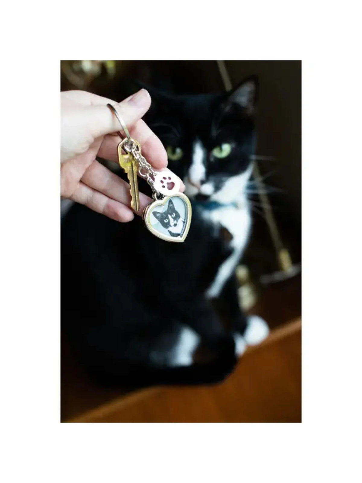 Heart Keychain with Paw Charm, Silver