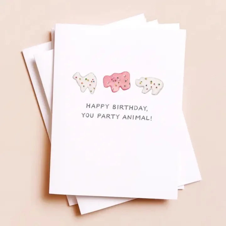 Funny Birthday Card “Party Animal” – Animal Cracker Pun Card, Cute Food Pun Birthday Card for Friends