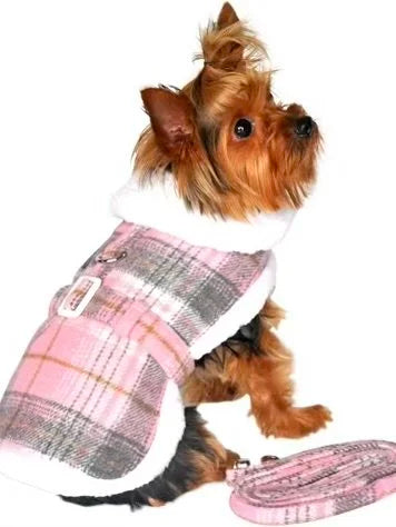 Sherpa Lined Dog Harness Coat Pink and White Plaid