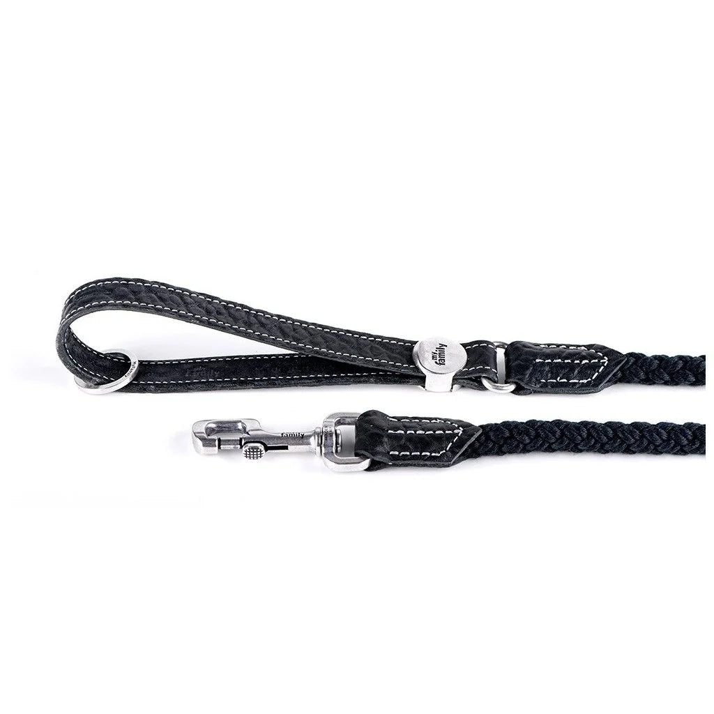 MyFamily El Paso Black Genuine Leather & Rope Dog Leash
