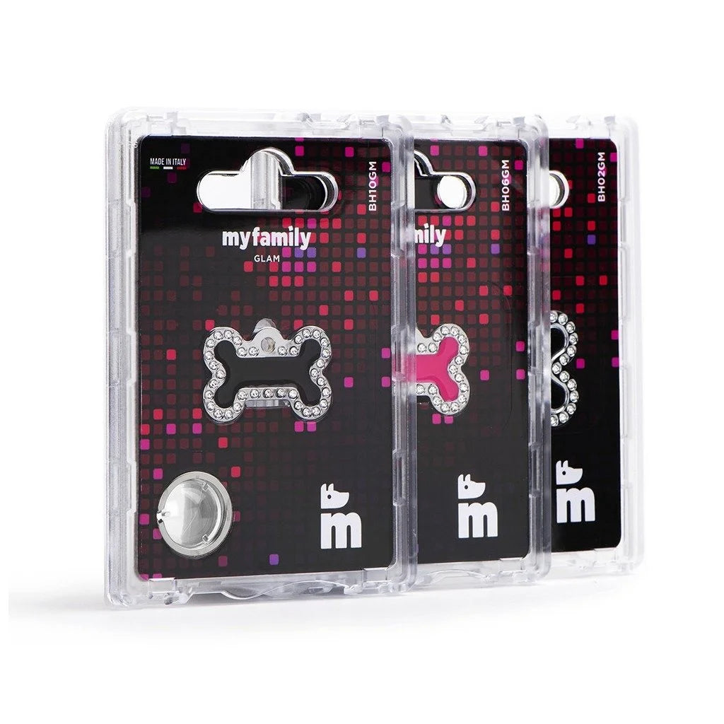 MyFamily Glam Big Fuchsia Bone ID Tag with Rhinestones