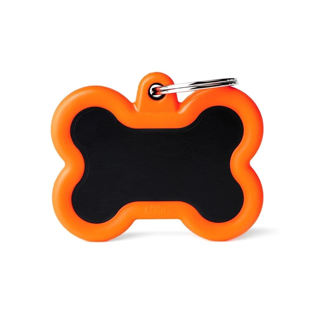 MyFamily Hushtag Big Black Aluminum Bone ID Tag with Orange Rubber