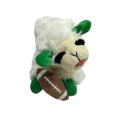 Plush toy resembling a sheep holding a football on a white background