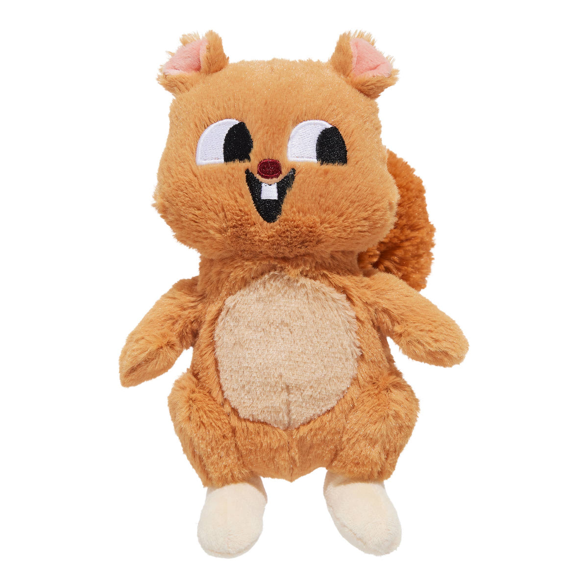 BARK Pearl Squirrel plush dog toy with golden-brown fur, a cream belly and feet, pink inner ears, and a fluffy tail.
