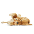 BARK Pearl Squirrel plush dog toy with golden-brown fur, a cream belly and feet, pink inner ears, and a fluffy tail.