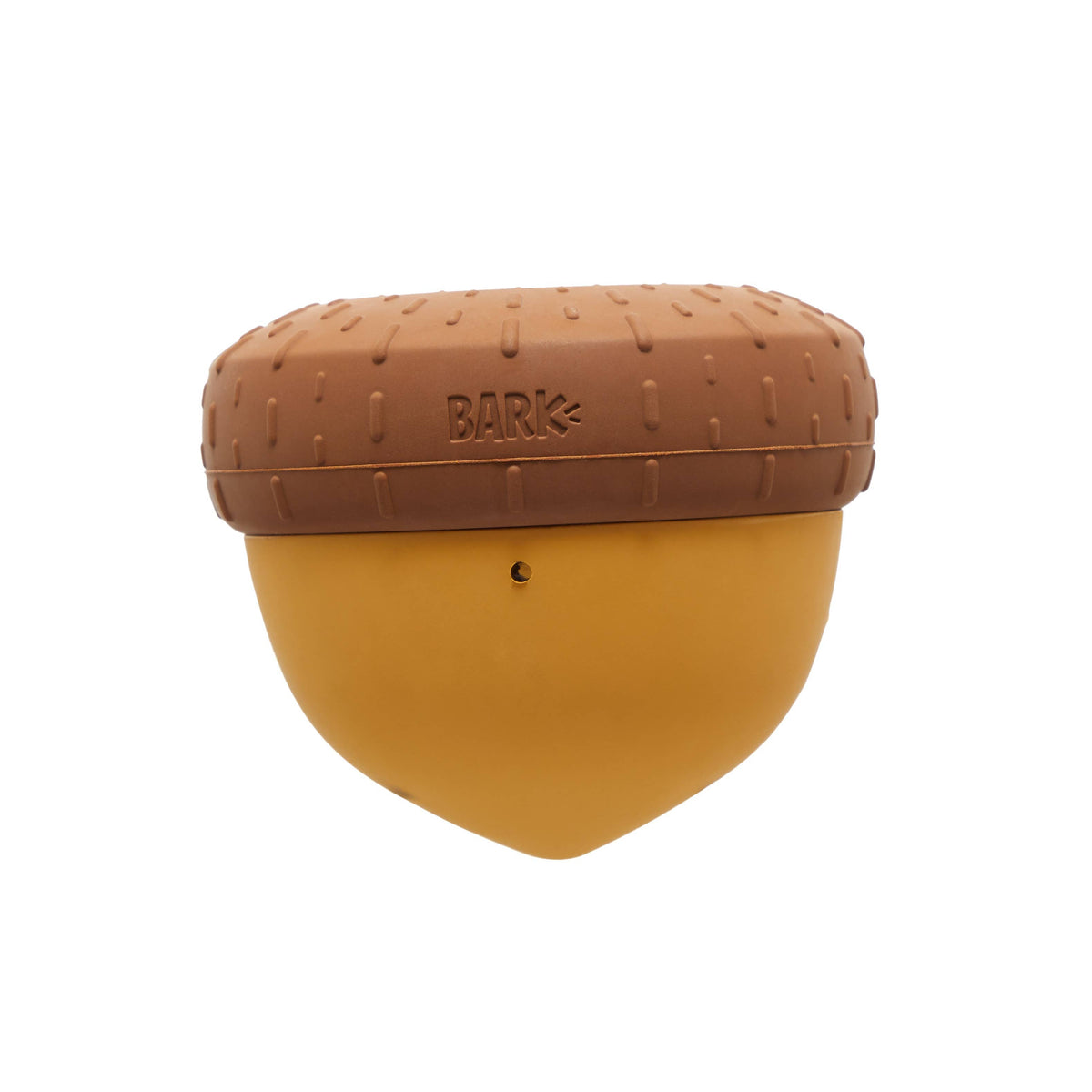 BARK Super Chewer Acornucopia acorn-shaped dog toy with a mustard-yellow body and textured brown cap.