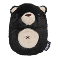 BARK Black Bear Bones dog toy with a rounded black furry body, cream muzzle, inner ears, and belly, and an embroidered brown nose.