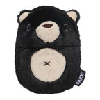 BARK Black Bear Bones dog toy with a rounded black furry body, cream muzzle, inner ears, and belly, and an embroidered brown nose.