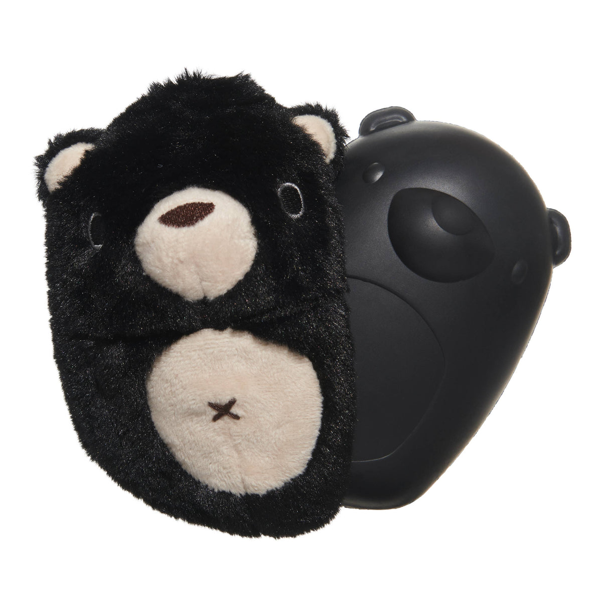 BARK Black Bear Bones dog toy with a rounded black furry body, cream muzzle, inner ears, and belly, and an embroidered brown nose.