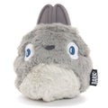 Gray BARK Hare Raiser rabbit dog toy with upright rubber ears, blue embroidered eyes, a fluffy white belly, and a rounded body.
