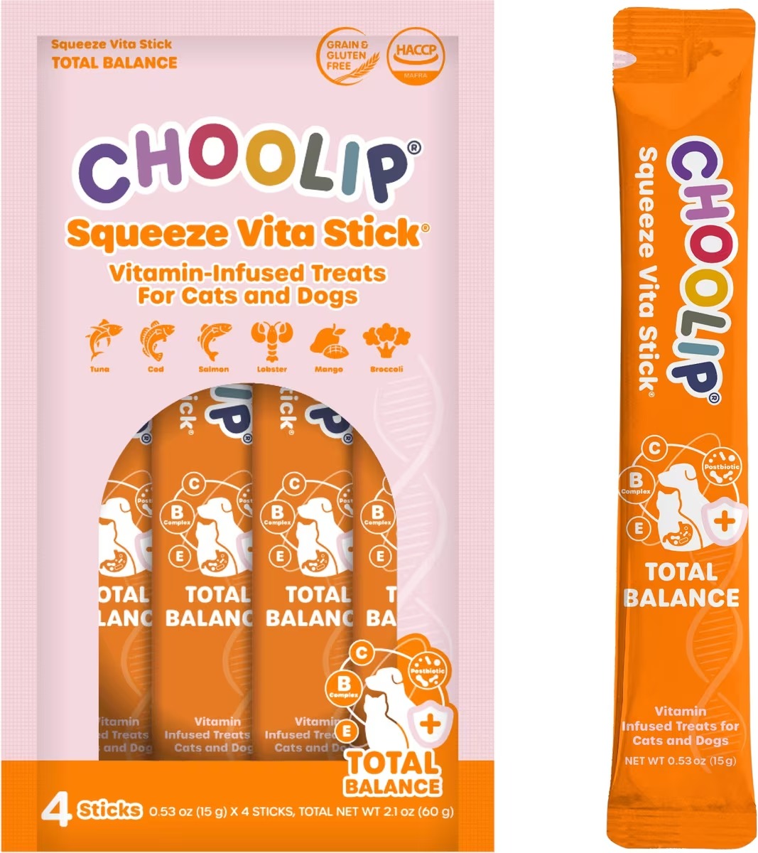 Choolip Total Balance pink four-stick pouch beside an orange Squeeze Vita Stick for cats and dogs.