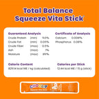 Choolip Total Balance nutrition chart showing guaranteed analysis, calcium, phosphorus, and 12.44 calories per 15-gram stick.