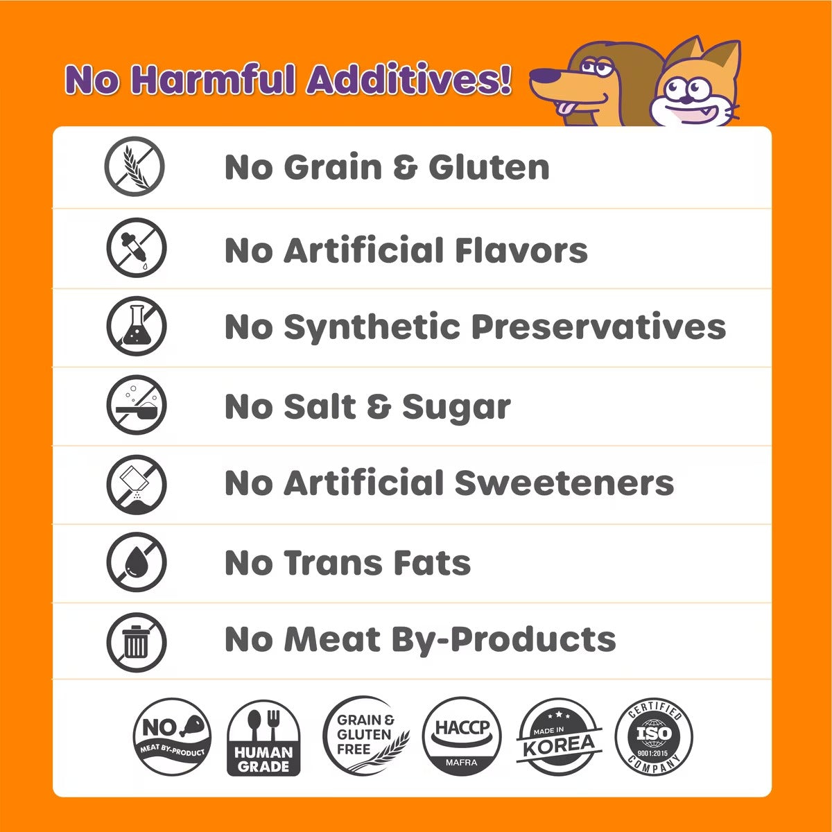 Choolip graphic listing excluded ingredients, including grains, gluten, artificial flavors, synthetic preservatives, and meat by-products.