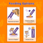 Illustrated Choolip serving options showing hand-feeding, serving in a bowl, adding as a food topper, and freezing.