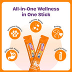 Two orange Choolip Total Balance sticks surrounded by icons describing nutrients, energy, immune support, gut health, and easy feeding.