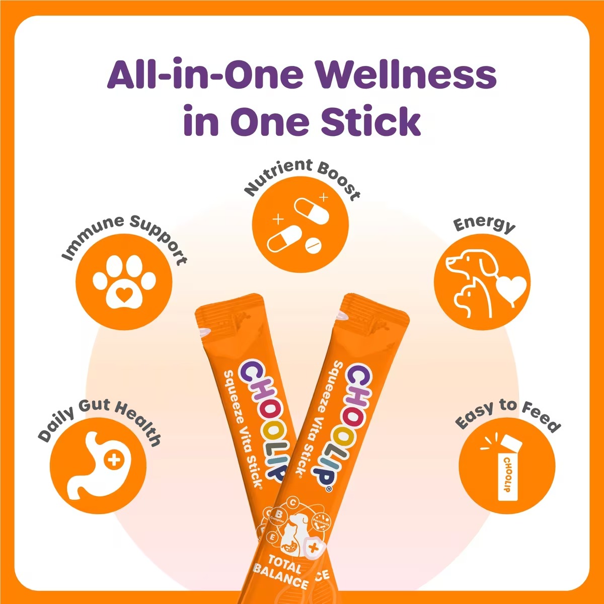 Two orange Choolip Total Balance sticks surrounded by icons describing nutrients, energy, immune support, gut health, and easy feeding.