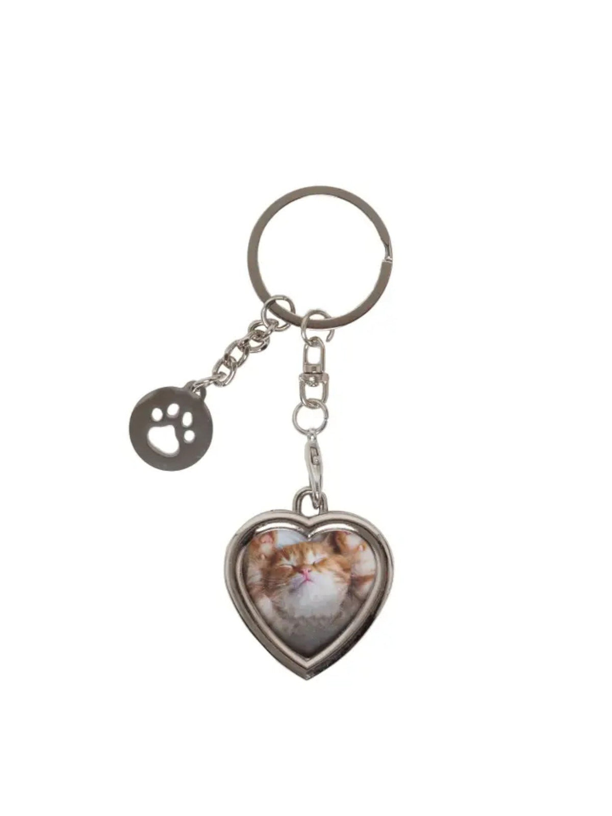 Heart Keychain with Paw Charm, Silver