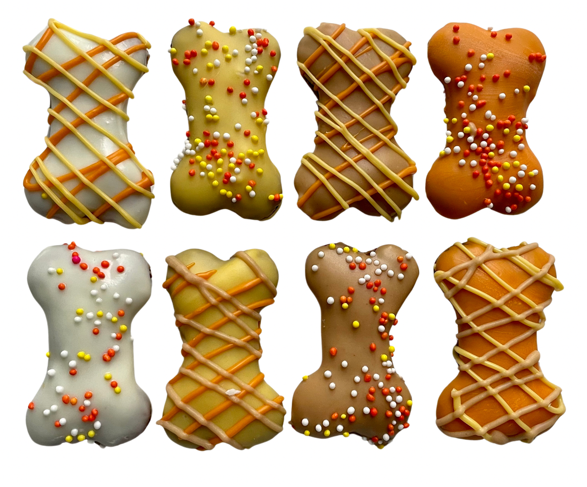 Eight mini bone-shaped dog cookies with fall-colored coatings, drizzle, and sprinkles on a wooden tray surrounded by pumpkins.