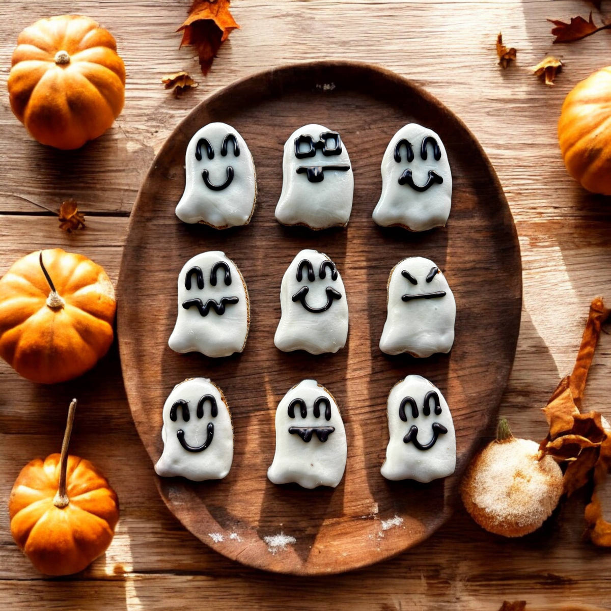 Nine white ghost-shaped dog cookies with assorted black facial expressions arranged on a wooden tray surrounded by pumpkins.