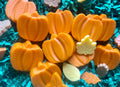 Orange pumpkin-shaped Pupkin Truffles dog treats arranged with colorful leaf-shaped treats on teal shredded paper.