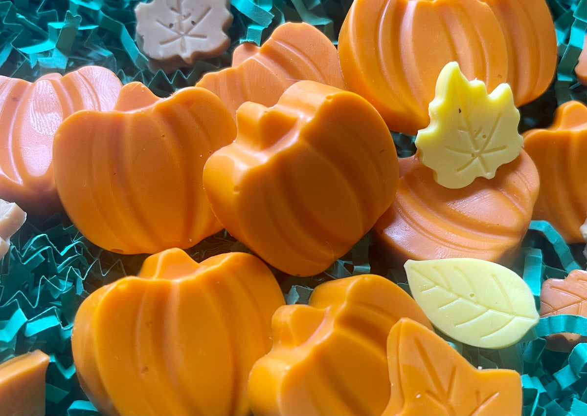 Orange pumpkin-shaped Pupkin Truffles dog treats arranged with colorful leaf-shaped treats on teal shredded paper.