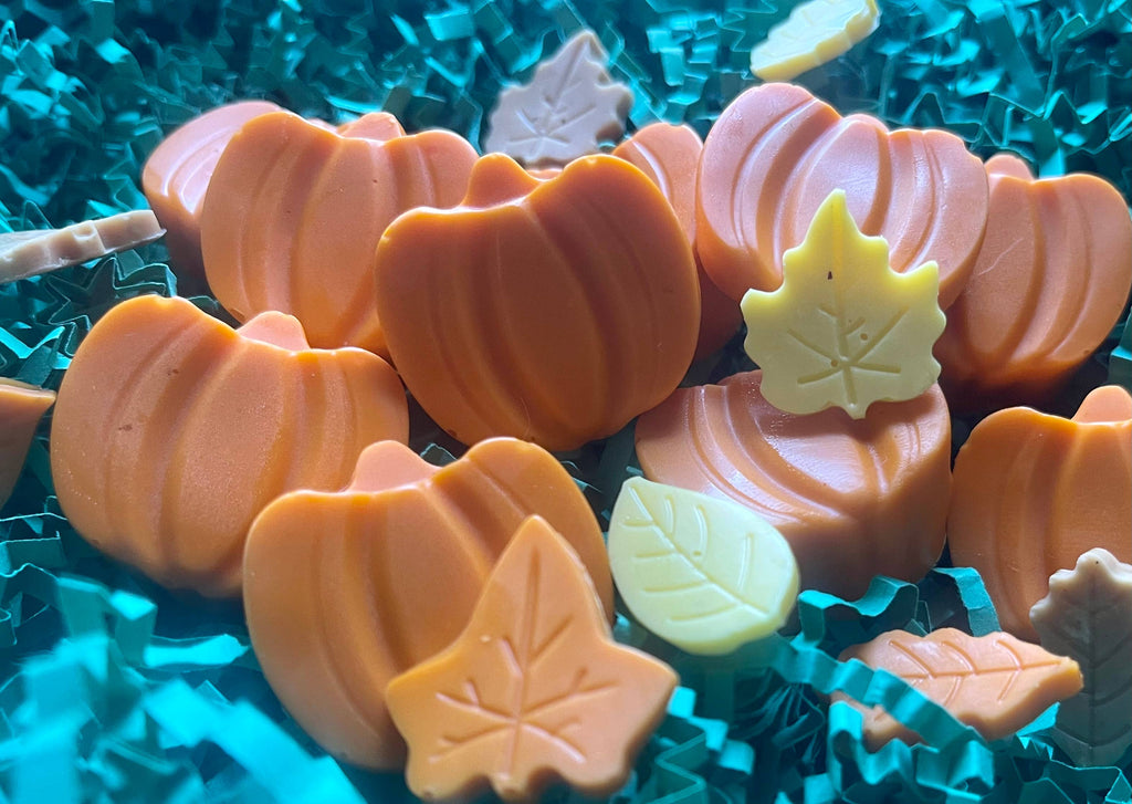 Orange pumpkin-shaped Pupkin Truffles dog treats arranged with colorful leaf-shaped treats on teal shredded paper.
