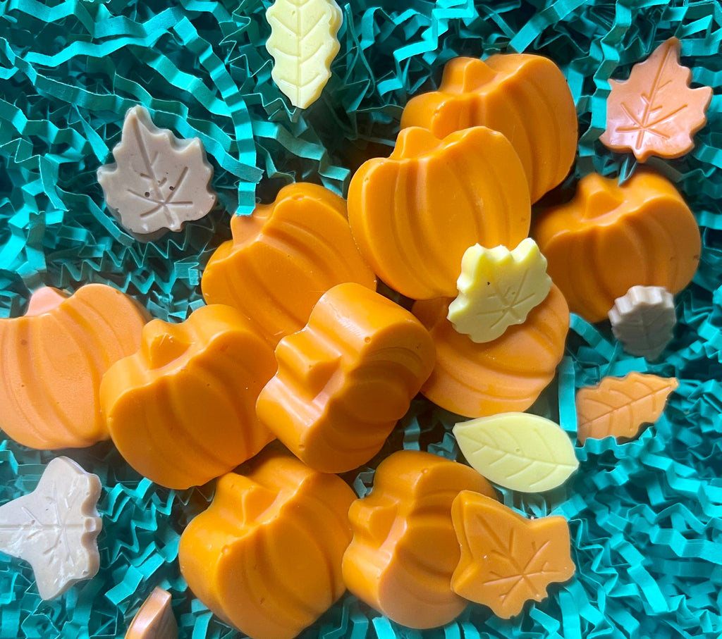 Orange pumpkin-shaped Pupkin Truffles dog treats arranged with colorful leaf-shaped treats on teal shredded paper.