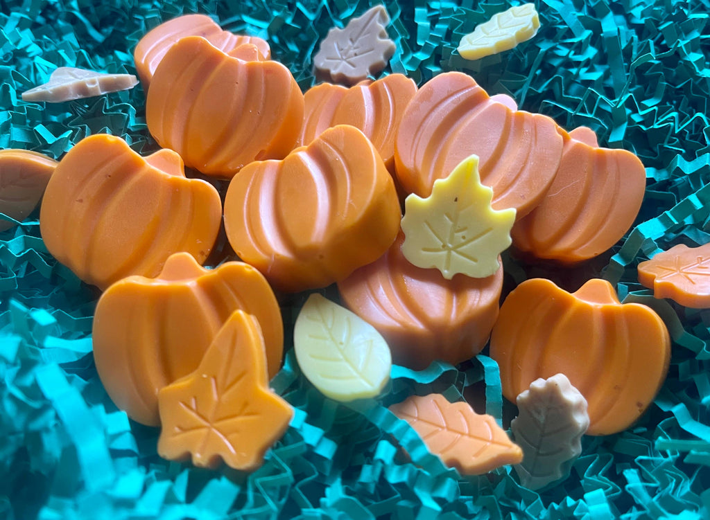 Orange pumpkin-shaped Pupkin Truffles dog treats arranged with colorful leaf-shaped treats on teal shredded paper.