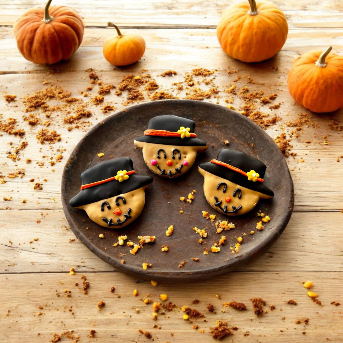 Three smiling scarecrow dog cookies with black hats, orange hatbands, and yellow flowers on a rustic plate.