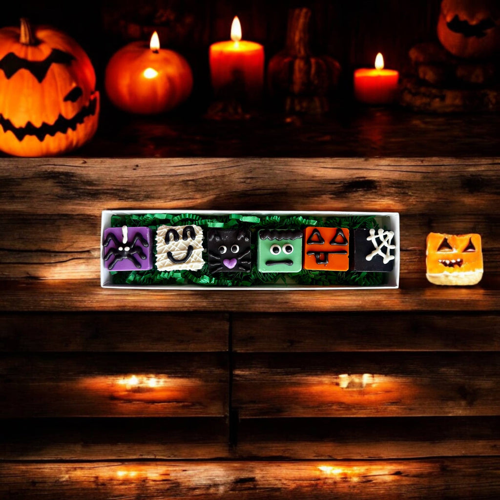 Assorted Halloween dog truffles with ghost, monster, pumpkin, and spiderweb designs displayed on a rectangular tray.