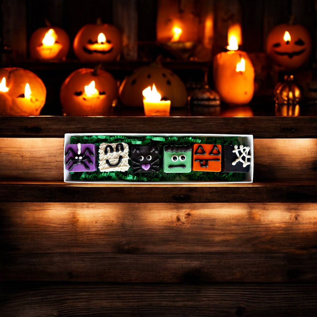 Assorted Halloween dog truffles with ghost, monster, pumpkin, and spiderweb designs displayed on a rectangular tray.