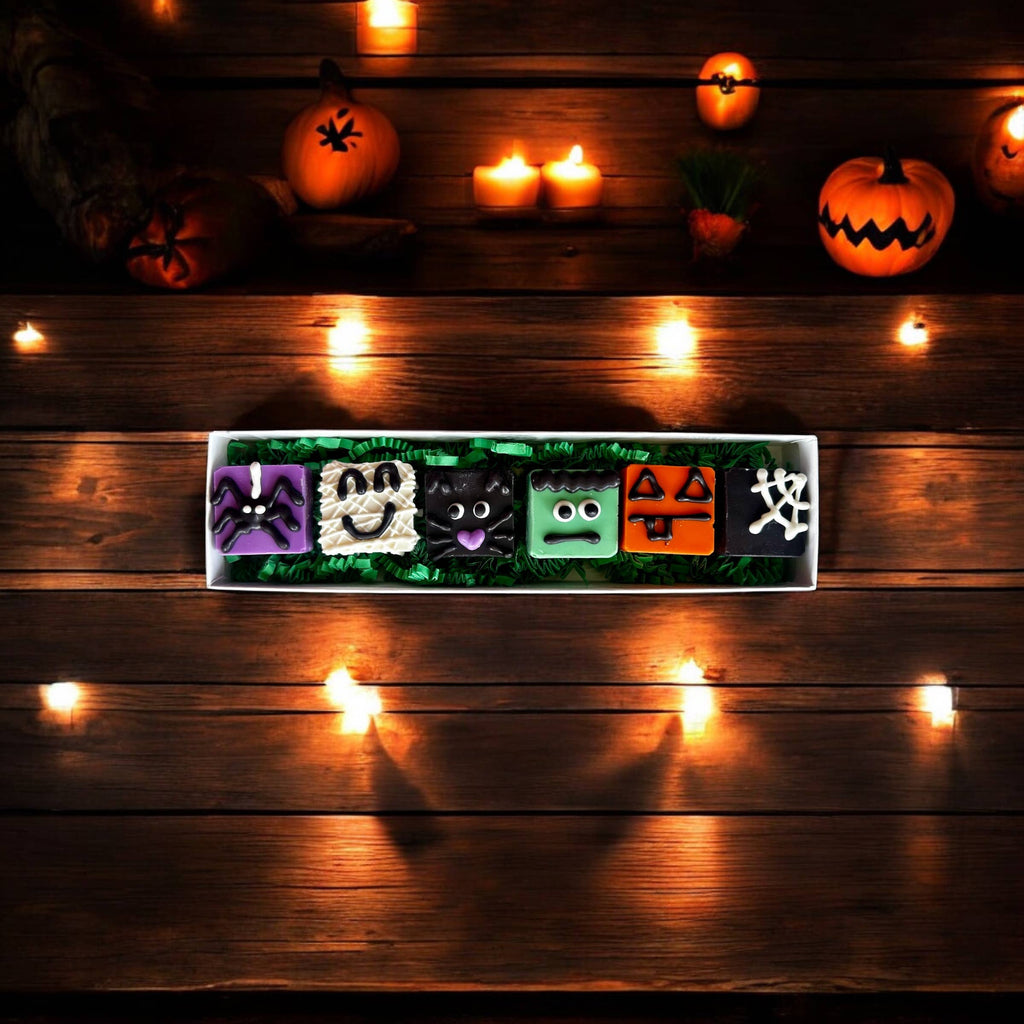 Assorted Halloween dog truffles with ghost, monster, pumpkin, and spiderweb designs displayed on a rectangular tray.